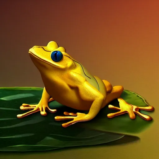 Image similar to a golden frog standing on a lotus, digital art, trending on artstation