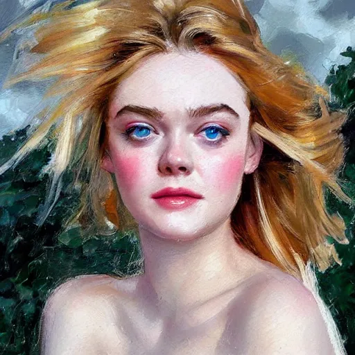 Prompt: professional painting of Elle Fanning in the style of Michael Garmash, head and shoulders portrait, symmetrical facial features, smooth, sharp focus, illustration, intricate, stormy weather, extremely detailed masterpiece,