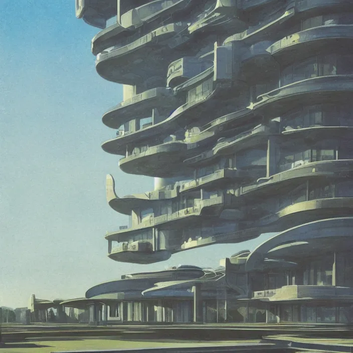 Image similar to a building in a serene landscape, retrofuturism