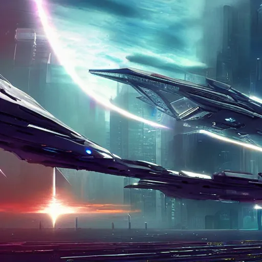 Image similar to gigantic spaceship in the sky, cyberpunk