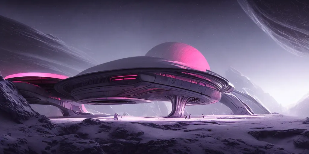 Image similar to futuristic space station in the snowy mountains 3 d concept art, red laser, cinematic lighting, intricate details, building by zaha hadid, pastel sunset, emissary space by arthur haas and bruce pennington and john schoenherr, cinematic matte painting, dark moody monochrome colors, trending on artstation, featured on behance