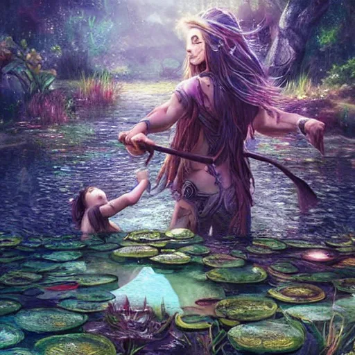 Image similar to a girl warrior and her daughter bathing in a magical pond by ross tran, forest, fantasy, artwork, highly detailed faces