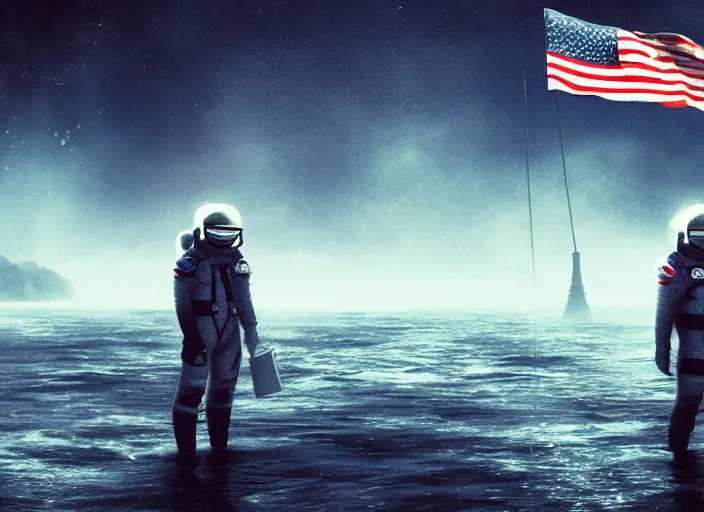 Image similar to astronaut holding a flag in an underwater desert. a submarine is visible in the distance. dark, concept art, cinematic, dramatic, atmospheric, 8 k, trending on artstation, blue, fish, low visibility, fog, ocean floor, christopher nolan, interstellar