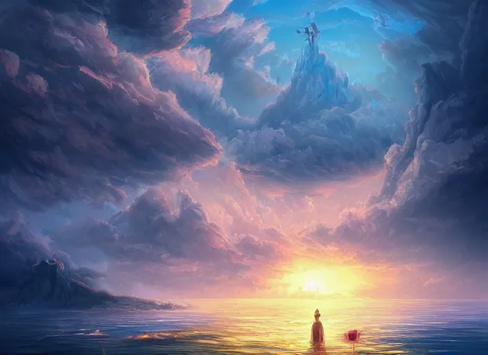 Image similar to epic fantasy landscape, drowning in the water, beautiful sky by Cyril Aquasixio Rolando, Cyril Rolando,