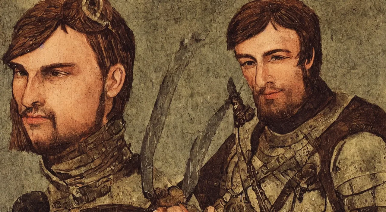 Image similar to close up of a medieval commander in his mid twenties with short brown hair, sword drawn, battlefield