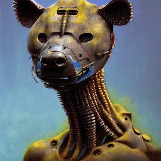 Image similar to hyena robot, cyberpunk, highly detailed quadrupedal cyborg, beksinski style, very detailed painting