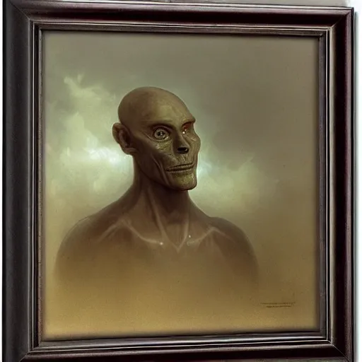 Image similar to male gray alien portrait, extraterrestrial by andreas achenbach