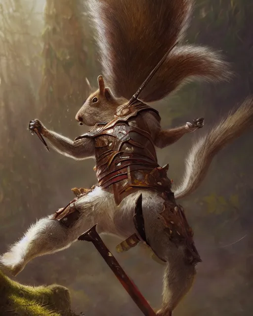 Prompt: oil painting of Anthropomorphized Squirrel attacking, wearing armor, war paint, holding sword, sharp focus, fantasy style, octane render, volumetric lighting, 8k high definition, by greg rutkowski, highly detailed, trending on art Station, magic the gathering artwork, magical forest backround, centered