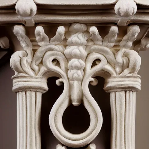 Prompt: a beautiful photograph of a strange column capital of an unknown order. the detailed ornament of the column looks like white slime mold. highly detailed. product photograph. the image would make the perfect icon for a discord server for AI-generated architecture