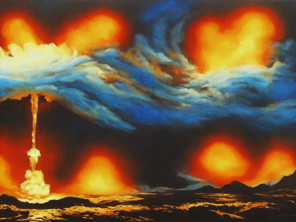 Image similar to bob ross painting of nuclear holocaust