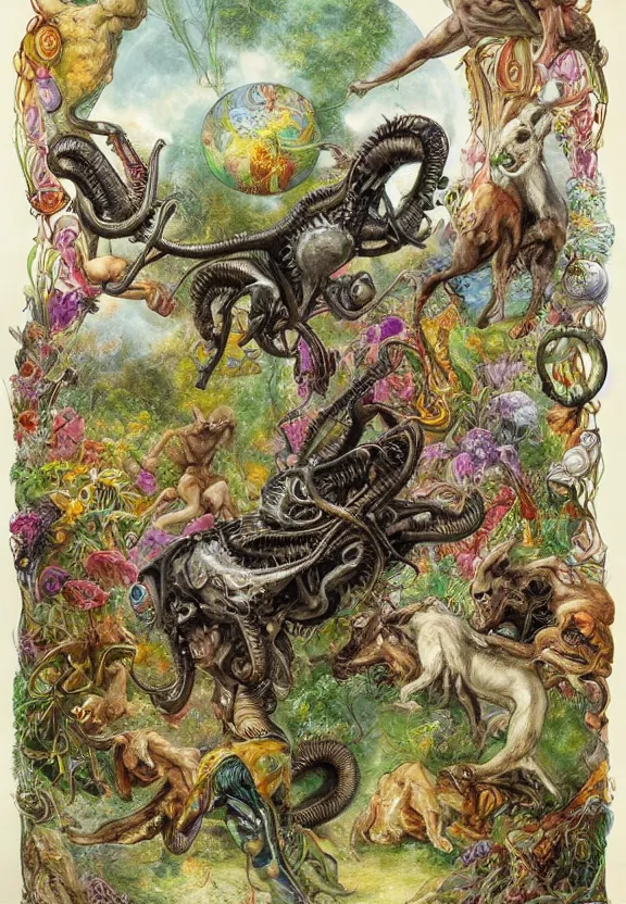 Prompt: simplicity, elegant, muscular goats, babies, radiating, colorful mandala, psychedelic, overgrown garden environment, by h. r. giger and esao andrews and maria sibylla merian eugene delacroix, gustave dore, thomas moran, pop art, biomechanical xenomorph, art nouveau, cheerful, glass domes