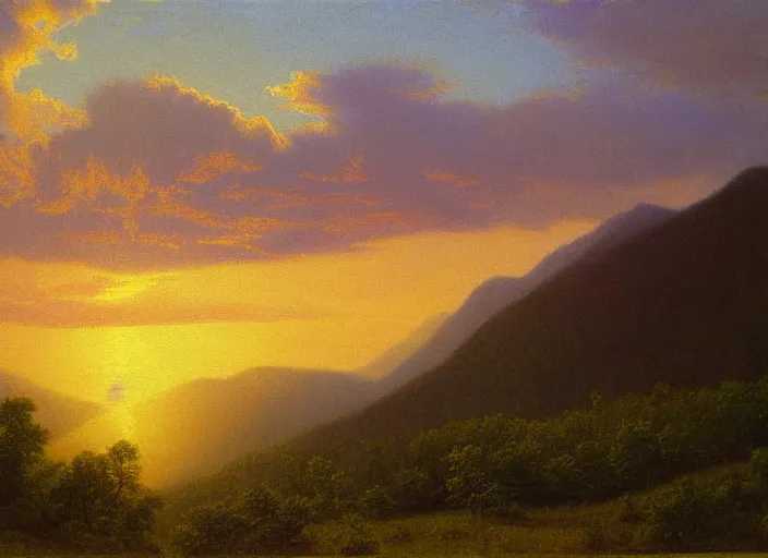 Image similar to Oil painting of the blue ridge mountains at sunset in the style of Albert Bierstadt