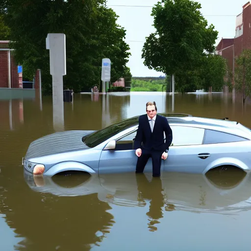 Prompt: a man in suit sitting on the top of a car in a flooded street, looking at his phone, trending on Artstation, 8k, photorealistic, hyper detailed, unreal engine 5, IMAX quality