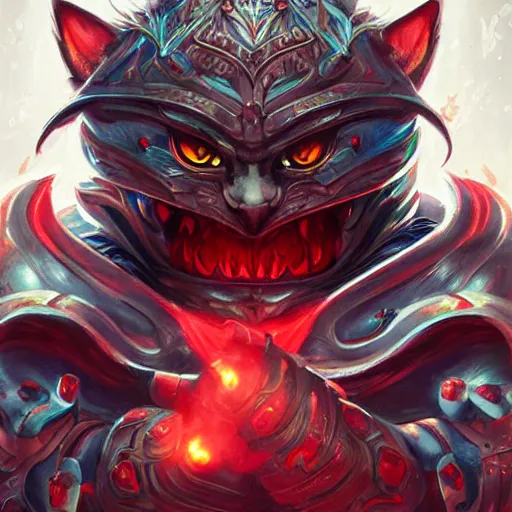 Image similar to portrait of an evil cat man as a paladin in full shining armor with huge beautiful red glowing eyes, oil painting, digital painting, intricate detail, vivid color, neon color, artwork by ross tran