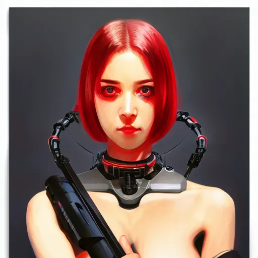 Image similar to A cyborg girl with big and cute red eyes, fine-face, realistic shaded perfect face, fine details. red and black robotic parts. Realistic shaded lighting poster by Ilya Kuvshinov katsuhiro, magali villeneuve, artgerm, Jeremy Lipkin and Michael Garmash, Rob Rey and Kentarõ Miura style, trending on art station