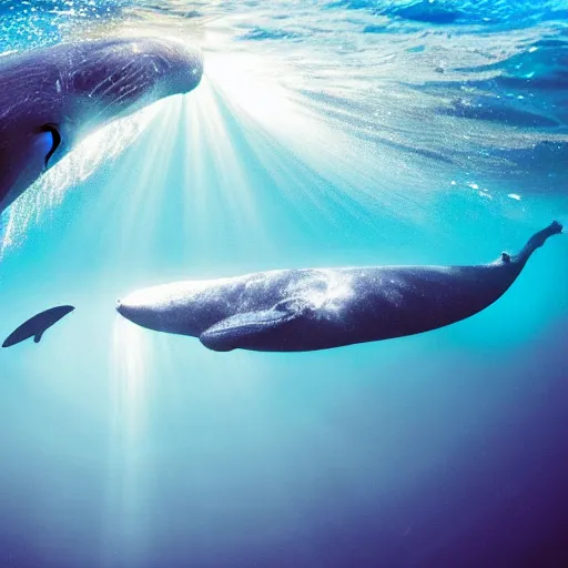 Image similar to underwater ocean, 1 2 whales, swimming to surface, calm, photography, peace, light rays, beautiful, majestic, dapple