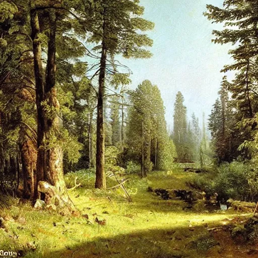 Image similar to Ivan Shishkin painting of a beautiful burger at forest, beautiful lighting, sunny, summer, painting Ivan Shishkin