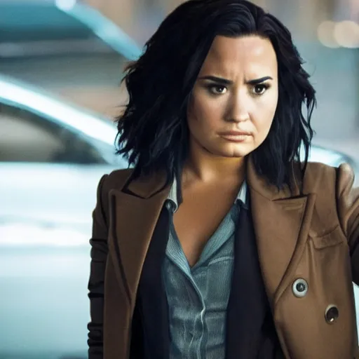 Image similar to close-up of Demi Lovato as a detective in a movie directed by Christopher Nolan, movie still frame, promotional image, imax 70 mm footage