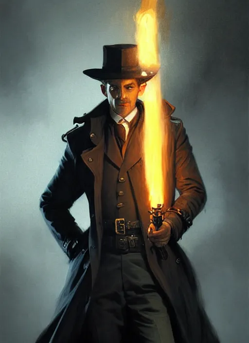 Image similar to portrait of a detective wearing trench coat and smoking puro, holding a sword, victorian, concept art, detailed face, fantasy, close up face, highly detailed, cinematic lighting, digital art painting by greg rutkowski
