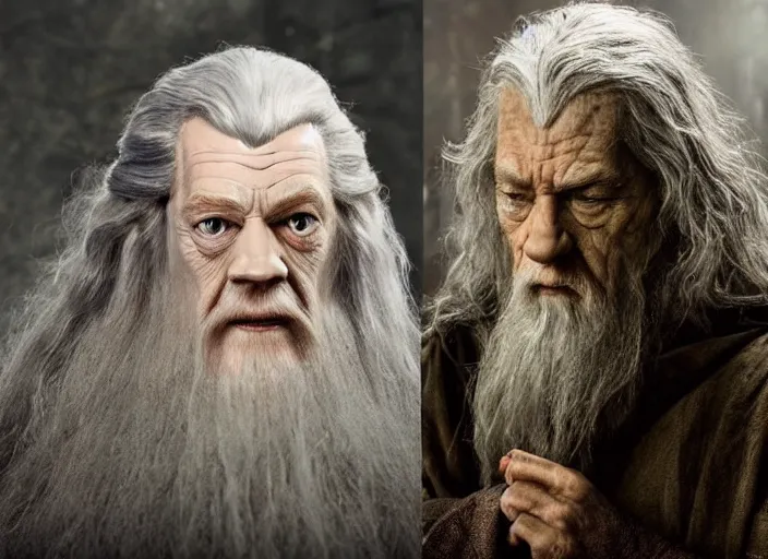 Prompt: movie still, hyper realistic, gandalf in the style of h. r. giger, standing next to short frodo baggins in the style of h. r. giger