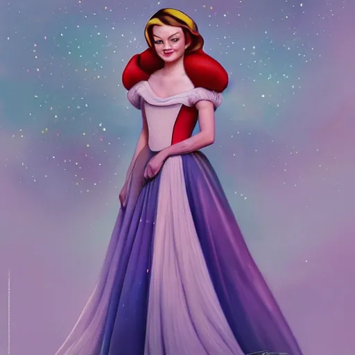 Image similar to Full body digital painting of Emma Stone as a Disney princess wearing snow white's dress, Pixar style, professional studio lightening, volumetric lightening, photorealism by Tristan Eaton Stanley Artgerm and Tom Bagshaw