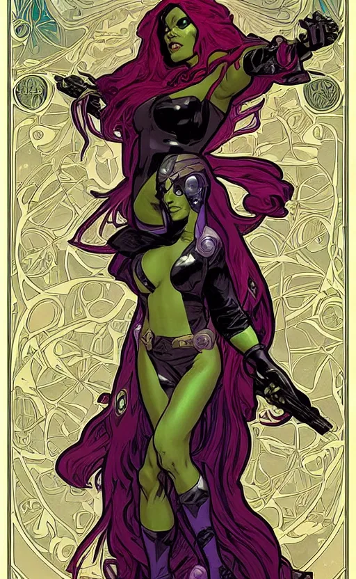 Image similar to gamora from guardians of the galaxy, by alphonse mucha. art nouveau. trending on artstation