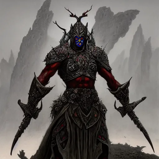 Image similar to dark elf warrior full body concept, wearing ancient armor, zoomed out, beksinski