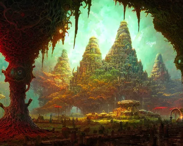 Image similar to mycelium temple, marc simonetti, leiji matsumoto, intricately detailed fantasy scenery