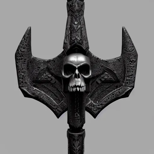 Image similar to a black sword skull handle, ornament, weapon, a 3 d render by dom qwek, studio lighting, front side view, trending on polycount, hard surface modeling, rendered in maya, 3 ds max, blender, artstation hd, vray