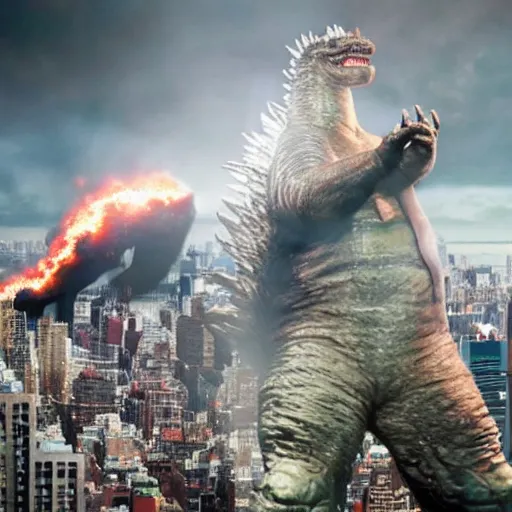 Prompt: kim jong un as godzilla destroying manhattan new york city, kim jong - un, godzilla, destruction, hyper realistic, photo