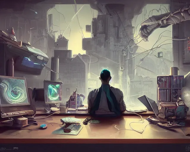 Image similar to an insanely detailed painting of a nerdy asian man wearing a superhero costume, sitting at a desk, staring at the nervously at the computer and typing, in the style of peter mohrbacher, dramatic lighting and composition, octane render, pixar, trending on artstation, concept art, comic book, view from behind