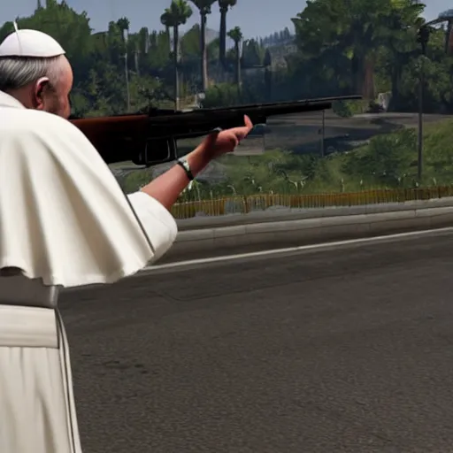 Image similar to the pope shooting a gun as a game character in gta 5, game graphics, game screenshot