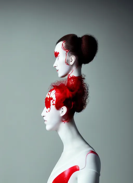 Image similar to portrait of a woman wearing a red embroidered translucent silicone mask and frizzy hair buns, wearing a white bodysuit by alexander mcqueen, white background, soft diffused light, biotechnology, futuristic aesthetic, translucent, ethereal, intricate details, highly detailed, masterpiece,