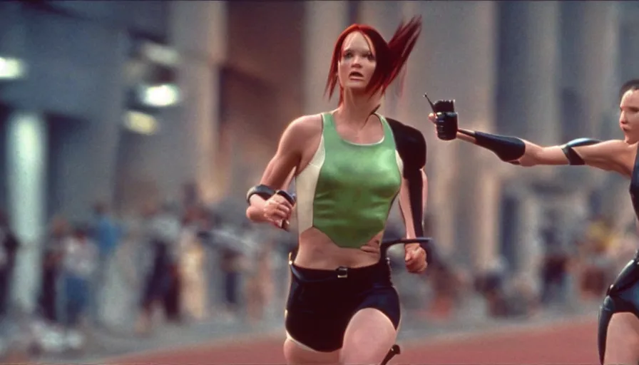 Prompt: The matrix, LeeLoo, Starship Troopers, Katniss Everdeen, 1960's Olympics footage, hurdlers in a race with robotic legs, intense moment, cinematic stillframe, backlit, The fifth element, vintage robotics, formula 1, starring Geena Davis, clean lighting