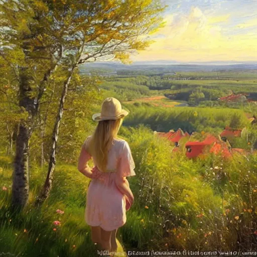 Image similar to blonde woman watching over the swedish countryside, archipelago, masterpiece, highly detailed, beautiful, atmospheric, impressionism, painting by Vladimir Volegov