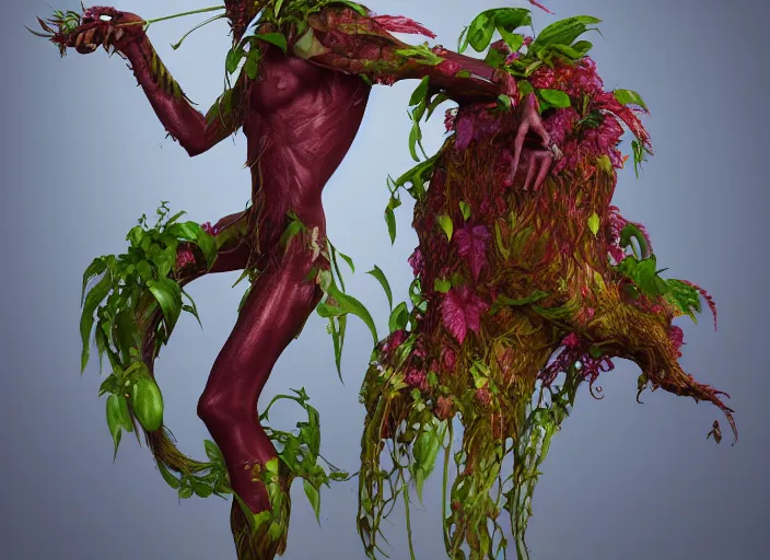 Image similar to Fantasy Alrune androgynous plant humanoid with flowers in hair man-eating plant body pitcher plant by Larry Elmore and Ilya Kushvikov, symmetrical face concept art, octane render unreal engine meta humans, artstation