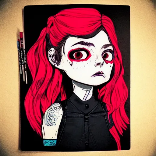 Image similar to Highly detailed portrait of pretty punk zombie young lady with, freckles and beautiful hair by Atey Ghailan, by Loish, by Bryan Lee O'Malley, by Cliff Chiang, inspired by image comics, inspired by graphic novel cover art, inspired by izombie, inspired by scott pilgrim !! Gradient red, black and white color scheme ((grafitti tag brick wall background)), trending on artstation