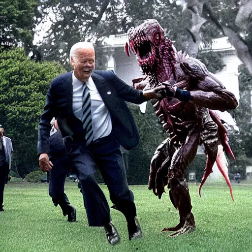 Image similar to joe biden is being chased by a monster from predator on the white house lawn