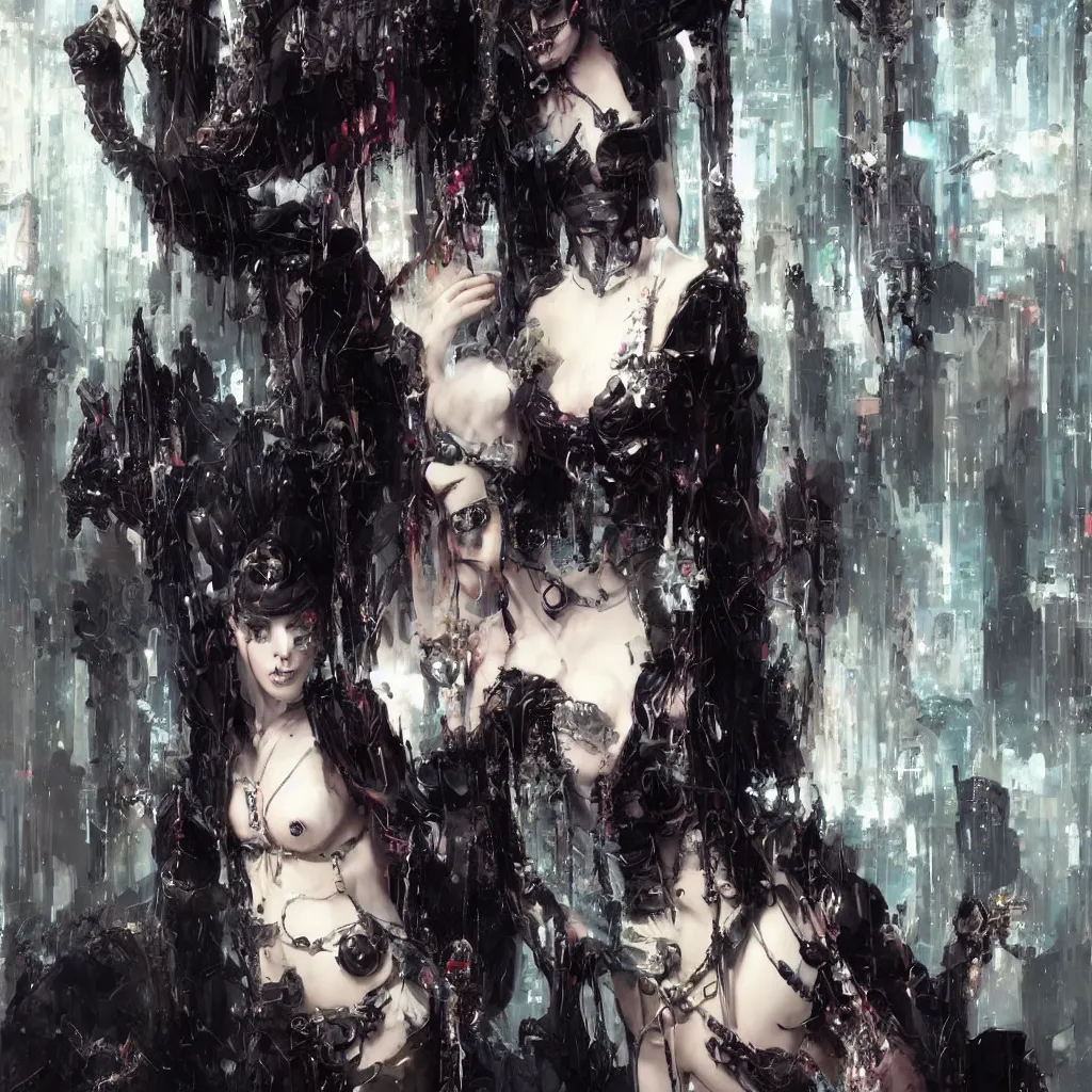 Image similar to fashionable gothic domme mistress, portrait, latex, cyberpunk altar, spikes by greg rutkowski, by yoshitaka amano, super - detail