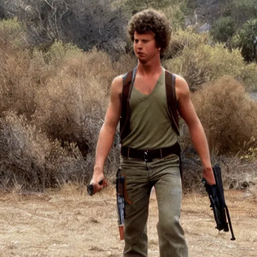 Image similar to napolean dynamite as rambo, cinematic shot, 4 k