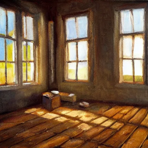 Prompt: oil painting of mostly empty cottage interior with one small window with sunlight shining on the floor. artistic. cozy. wooden floor. rustic