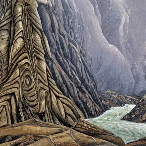 Prompt: A large picturesque mountain with a river flowing between them by HR Giger