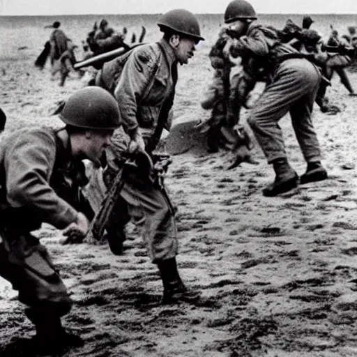 Image similar to ww 2 realistic photo in color beach landing, battle on the beach, blood