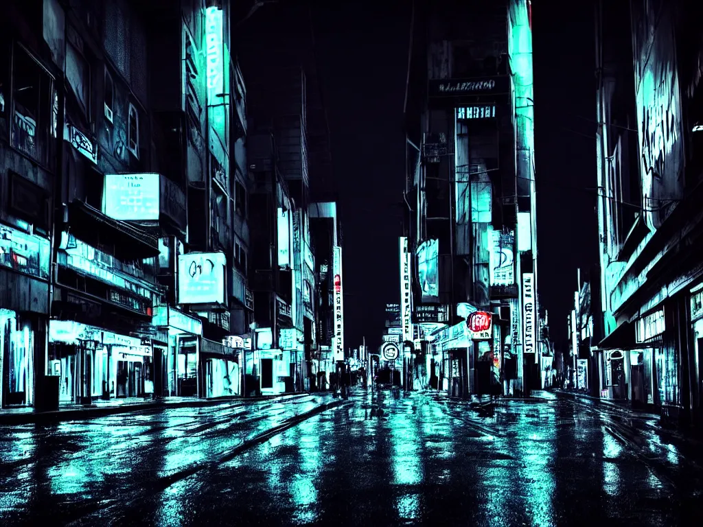 Prompt: rainy cyberpunk downtown city street in dark night time, neon lights glow, black sky