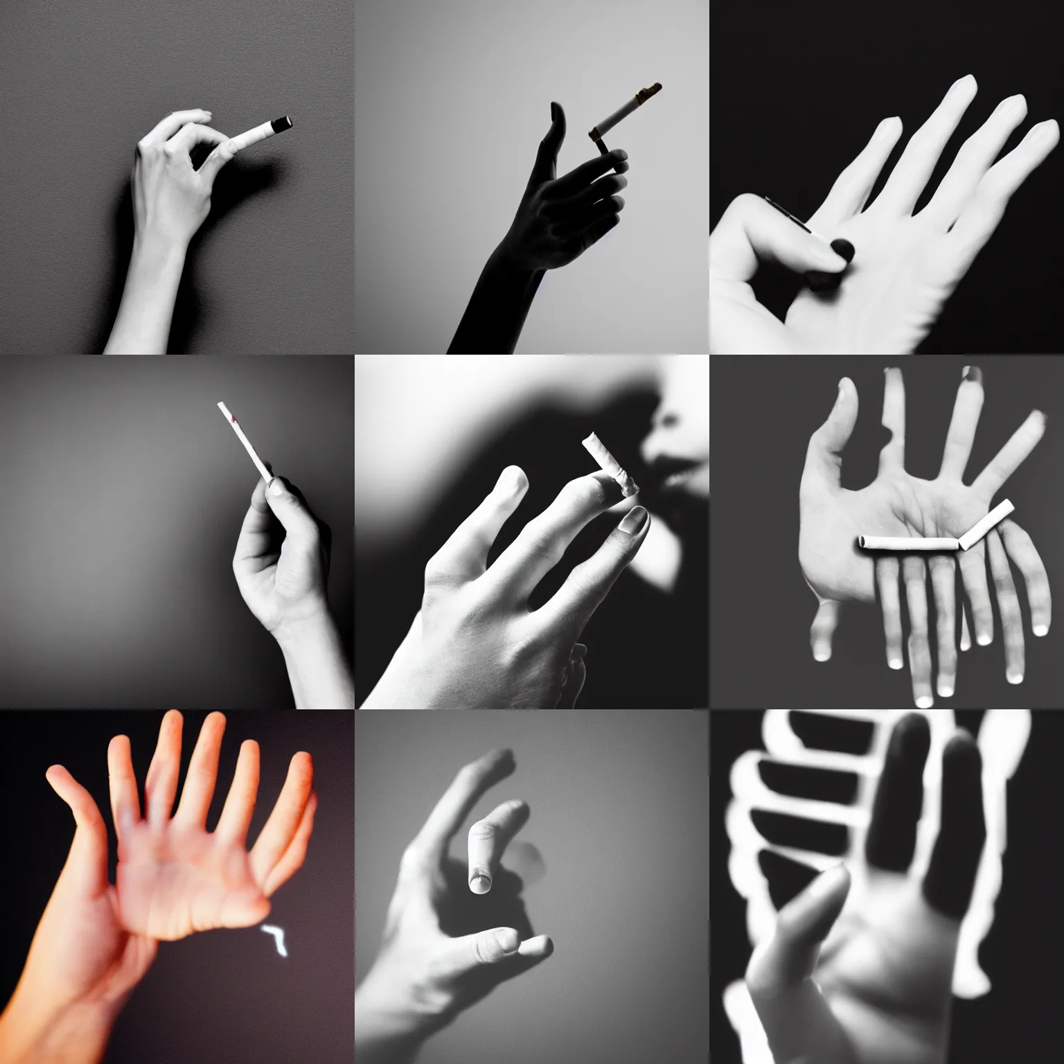 Prompt: structure of one lady's hand with cigarette on black background. Five thumbs. 50 mm lens shot