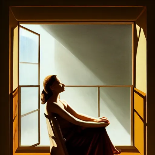 Prompt: natural, aesthetic by joel rea, by jeff wall, by josef capek. a experimental art of a beautiful young woman seated at a window, looking out at the viewer with a serene expression on her face. the light from the window illuminates her features & creates a warm, inviting atmosphere. the essence of beauty & tranquility.