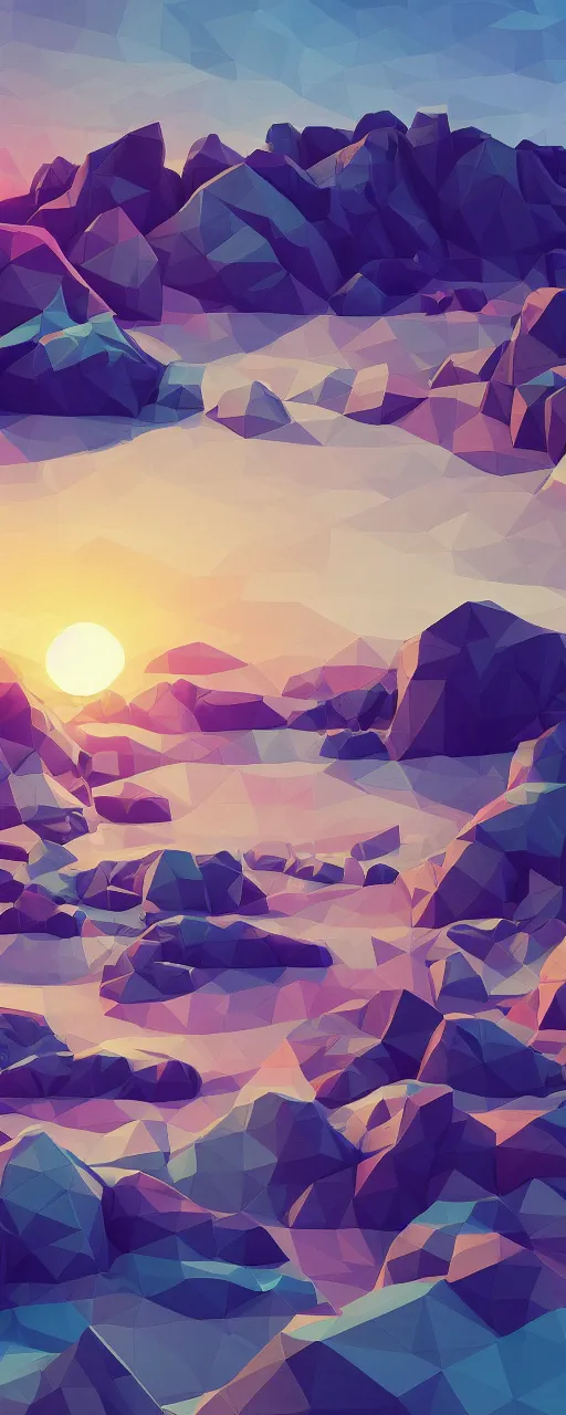 Image similar to super detailed color lowpoly art, northern sunset with rocks on front, monochrome photorealistic bay in the middle of perspective and mountains at background, graphic vessels in random points ow bay, unreal engine, retrowave color palette, 3 d render, lowpoly, colorful, digital art, perspective