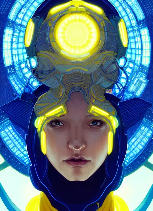 Image similar to symmetry!! portrait of a sunflower, sci - fi, tech wear, blue and yellow glowing lights!! intricate, elegant, highly detailed, digital painting, artstation, concept art, smooth, sharp focus, illustration, art by artgerm and greg rutkowski and alphonse mucha