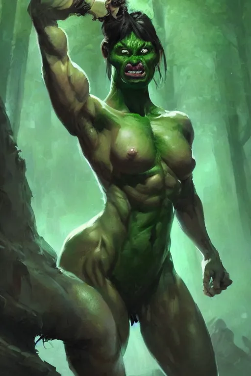 Prompt: green orc female with human face, light green tone beautiful face, muscular body, by artgerm, by greg rutkowski, by jeremy mann, digital painting