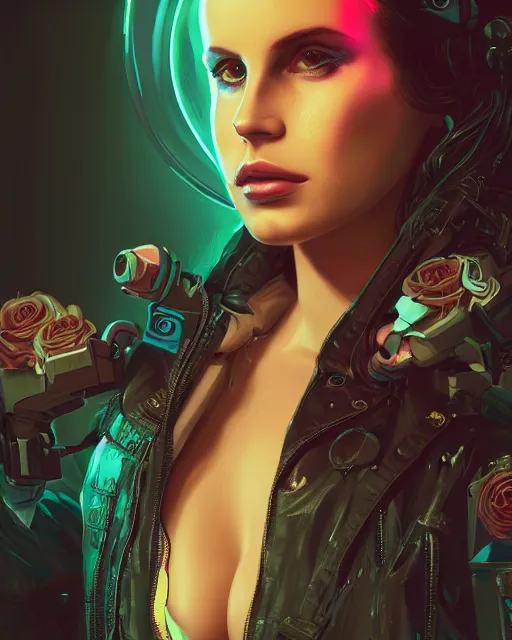 Image similar to portrait of lana del rey as a cyberpunk cyborg. roses, sci - fi, missing panels, intricate abstract, upper body, intricate artwork, by tooth wu, wlop, beeple, dan mumford. concept art, 8 k octane render, deviantart, greg rutkowski, cinematic, key art, hyperrealism, iridescent accents